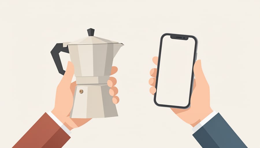 Person holding a coffee maker retail box while checking pricing on a smartphone with the screen blurred