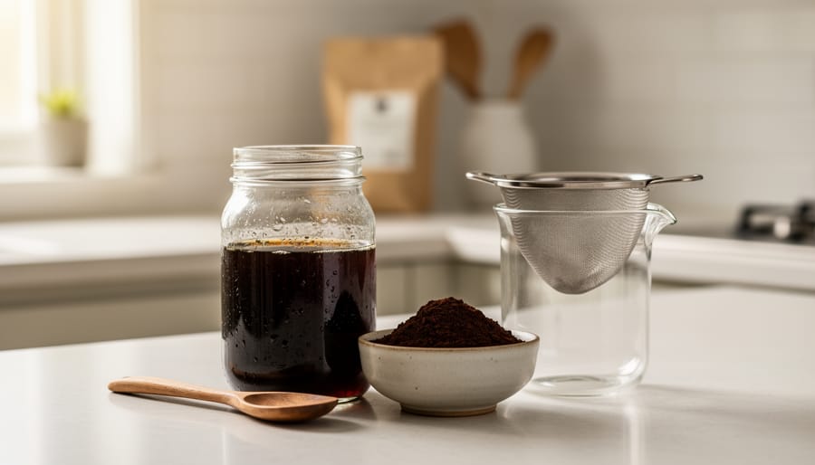 Glass jar of dark cold brew concentrate beside coarsely ground coffee and a strainer on a kitchen countertop.