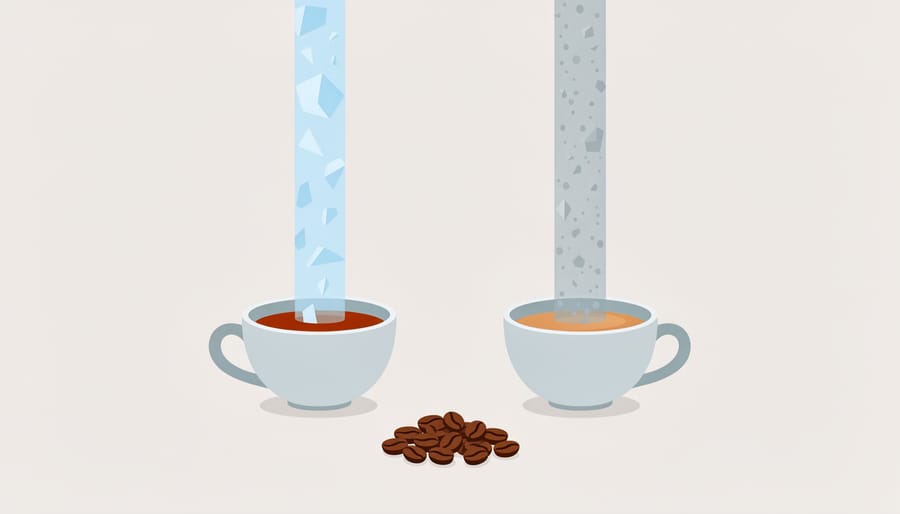 Two cups of brewed coffee with different visual clarity and sheen on a wooden table