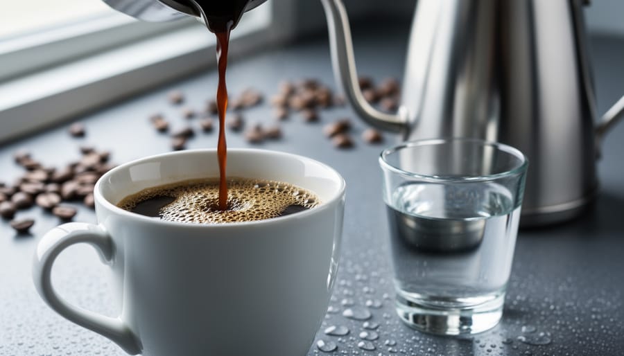 Fresh coffee pouring into a cup next to a glass of water, suggesting how water quality affects coffee flavor during brewing.